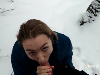 Walk in snowy forest turned into choking on hot cum