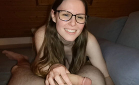 German college girl with glasses blows cock and swallows cum