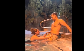 Evening blowjob in the outdoor pool