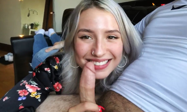 Cute blonde gives a sensual blowjob and swallows the whole load!