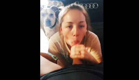 Blonde sucks cock under the watchful eye of a curious dog