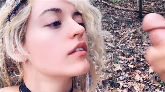 Blonde waiting on cumshot on a public hiking trail